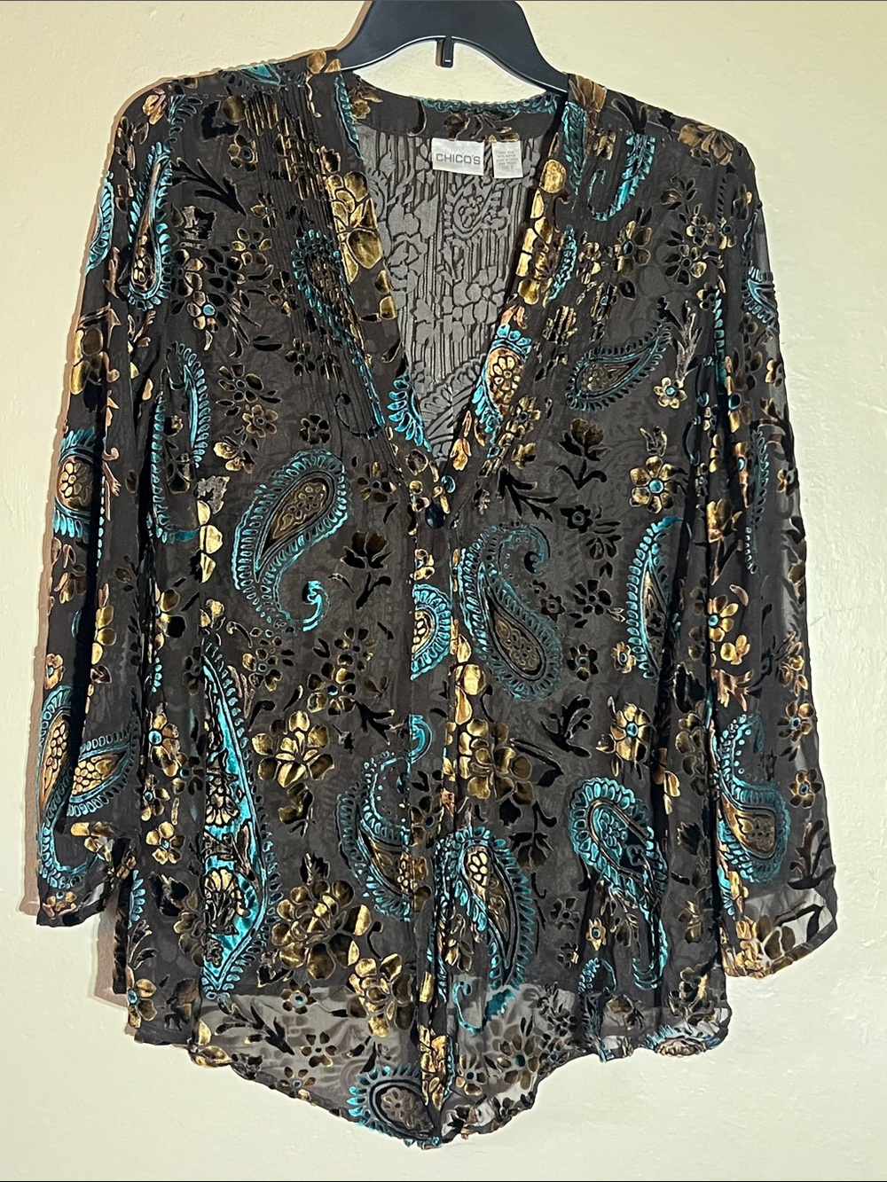 Chico's Silk/Rayon Black Velvet Burnout Kimono/Blouse with Teal and Gold Paisley